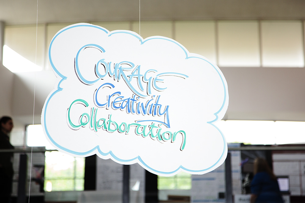 'Courage, creativity, collaboration' caption at the Research without Borders festival