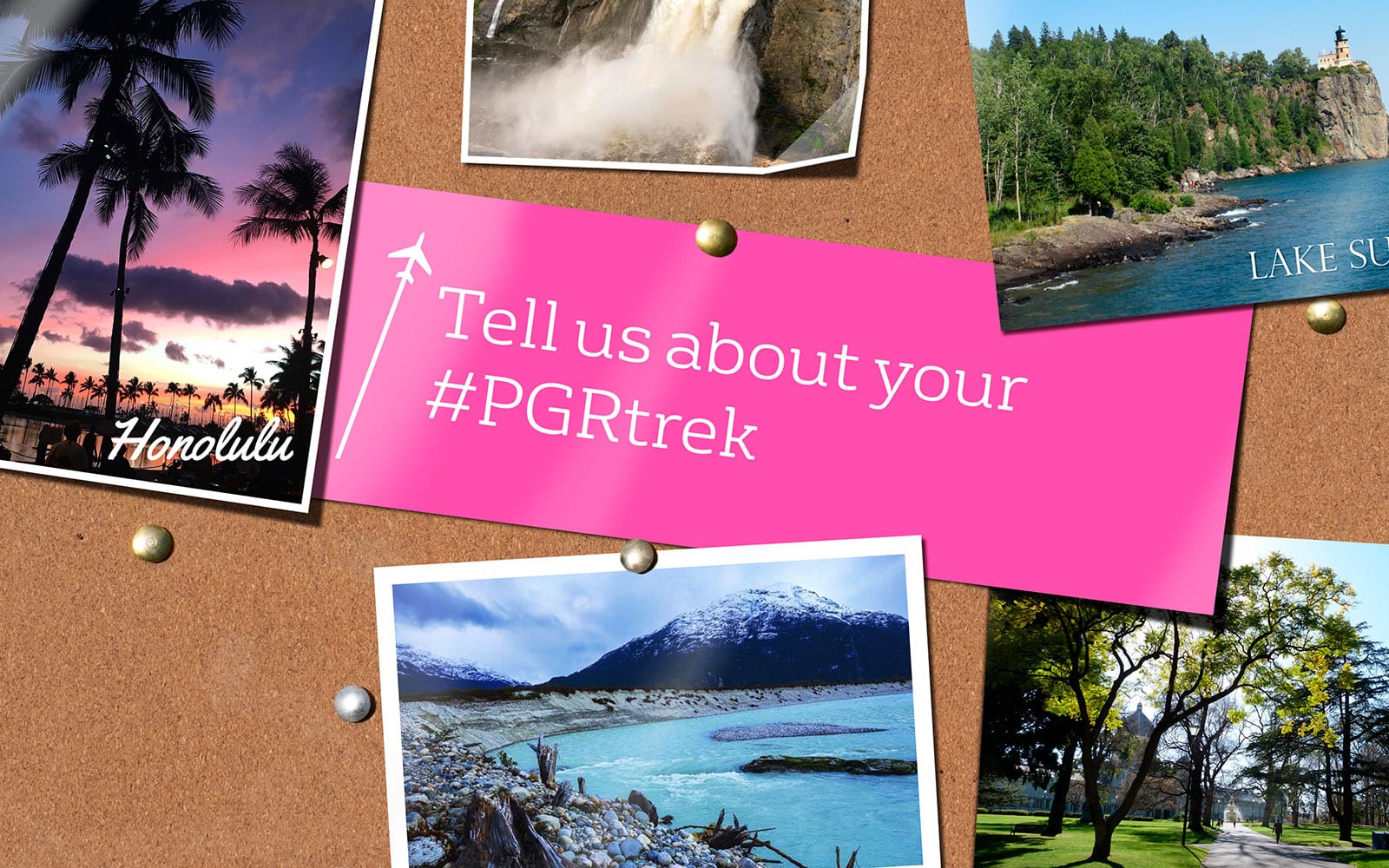 A pinboard with the caption: Tell us about your #PGRtrek