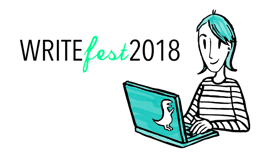 WriteFest 2108 logo | cartoon person typing on a laptop