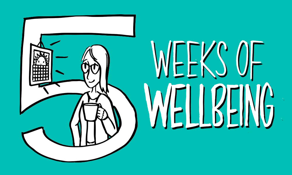 Cartoon woman with '5 Weeks of Wellbeing' caption