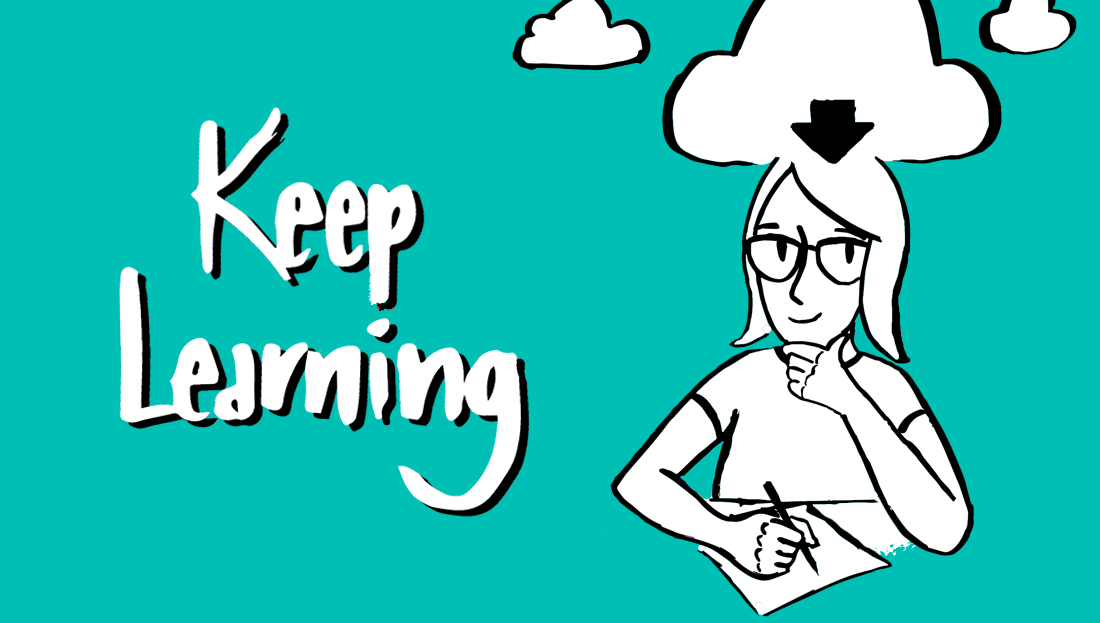 Cartoon woman with a download cloud above her head | 'Keep Learning'