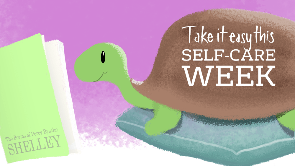 A cartoon tortoise reading a book | 'Take it easy this Self-Care Week'