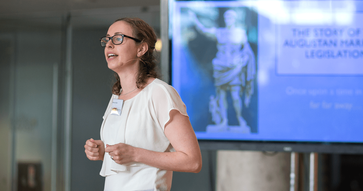 Rebecca Shaw presenting during Bristol’s Three Minute Thesis final (Colston Hall, May 2019)