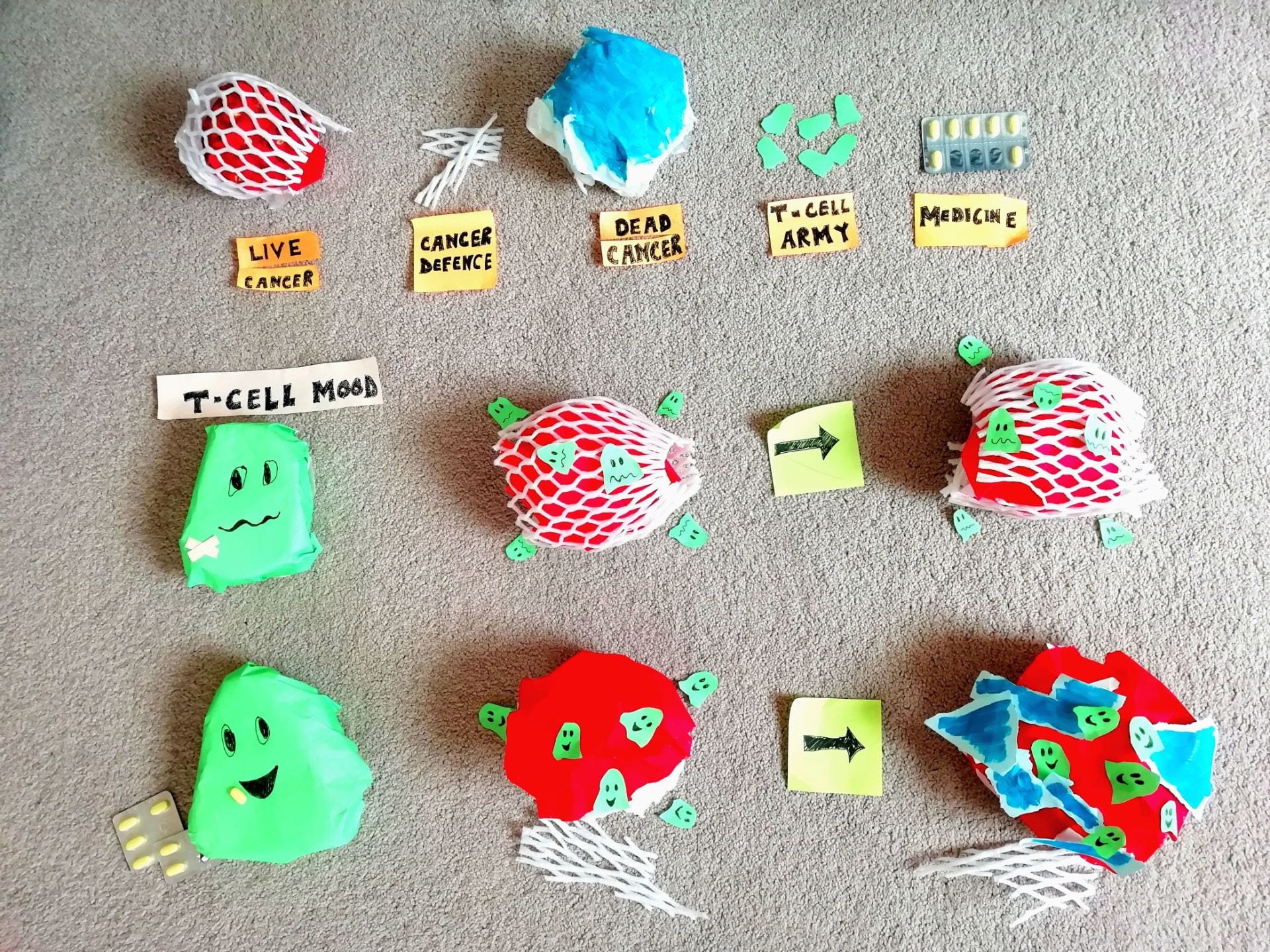 Three rows of objects. Top row: a ball in a net (labelled 'live cancer'); pieces of netting (labelled 'cancer defence'); a crumpled piece of blue paper ('dead cancer'); a small piece of paper (labelled 'T-cell army'); a packet of pills (labelled 'medicine'). Middle row: a cartoon face with an uncertain expression (labelled 'T-cell mood'); a ball in a net covered in smaller faces with the same expression; an arrow pointing right; a ball in a broken net covered in smaller faces with the same expression. Bottom row: a cartoon face with a happy expression and a small packet of pills; a red ball covered in smaller happy faces and some broken netting; an arrow pointing right; pieces of blue paper and small happy faces on top of a red ball.