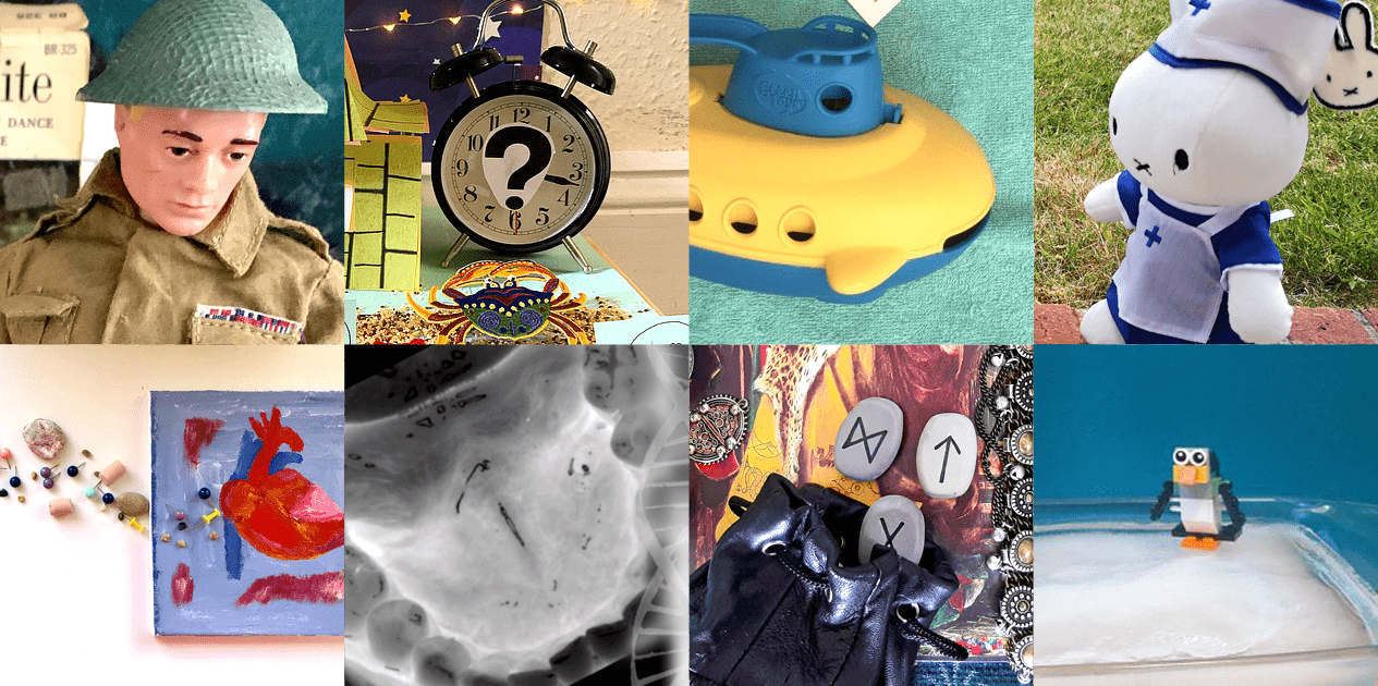 8 images from the 'virtual showcase' competition. Clockwise from top-left: an Action Man in military gear; a clock with a question mark on its face; a toy submarine; a Miffy toy dressed as a healthcare worker; a toy penguin on a sheet of ice; a bag of runes; an X-ray of a mouth; a painting of a heart.