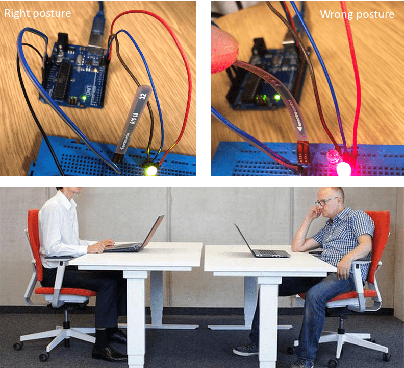 Two images of circuit boards and LEDs - one labelled 'right posture' and the other labelled 'wrong posture' | Two men sitting at desks - one sitting upright, and the other with a visible slump